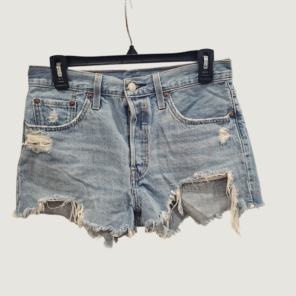 Levi's 501 Original Denim Shorts Womens Distress Medium Wash 10 Inch Rise Sz 30